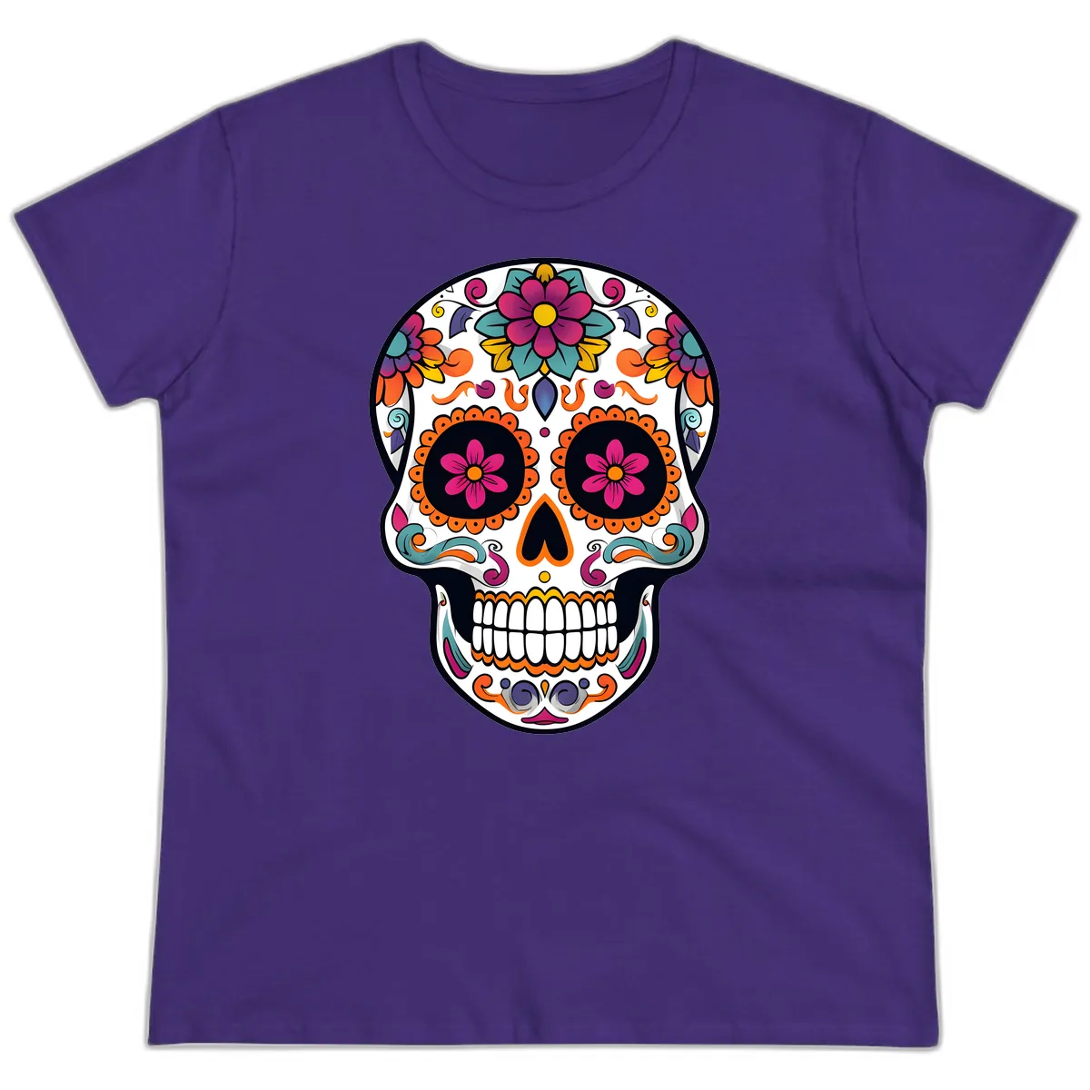 Vibrant Calavera Floral Sugar Skull Ladies Tee in Purple
