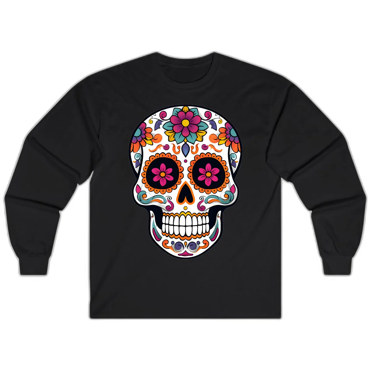 Vibrant Calavera Floral Sugar Skull Long Sleeve in Black