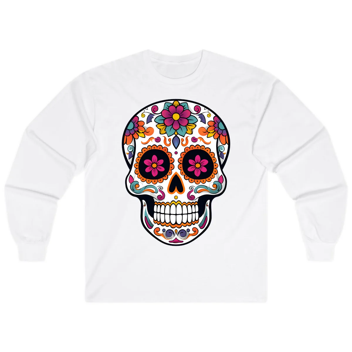 Vibrant Calavera Floral Sugar Skull Long Sleeve in White