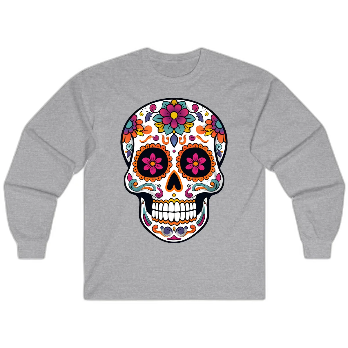 Vibrant Calavera Floral Sugar Skull Long Sleeve in Sport Grey
