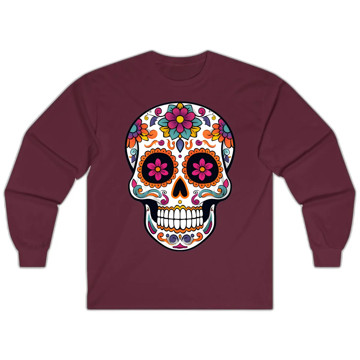 Vibrant Calavera Floral Sugar Skull Long Sleeve in Maroon