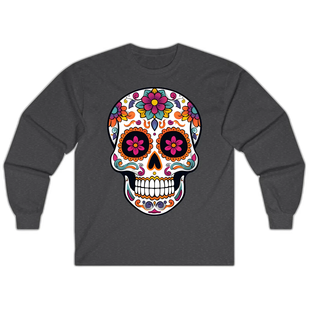 Vibrant Calavera Floral Sugar Skull Long Sleeve in Dark Heather