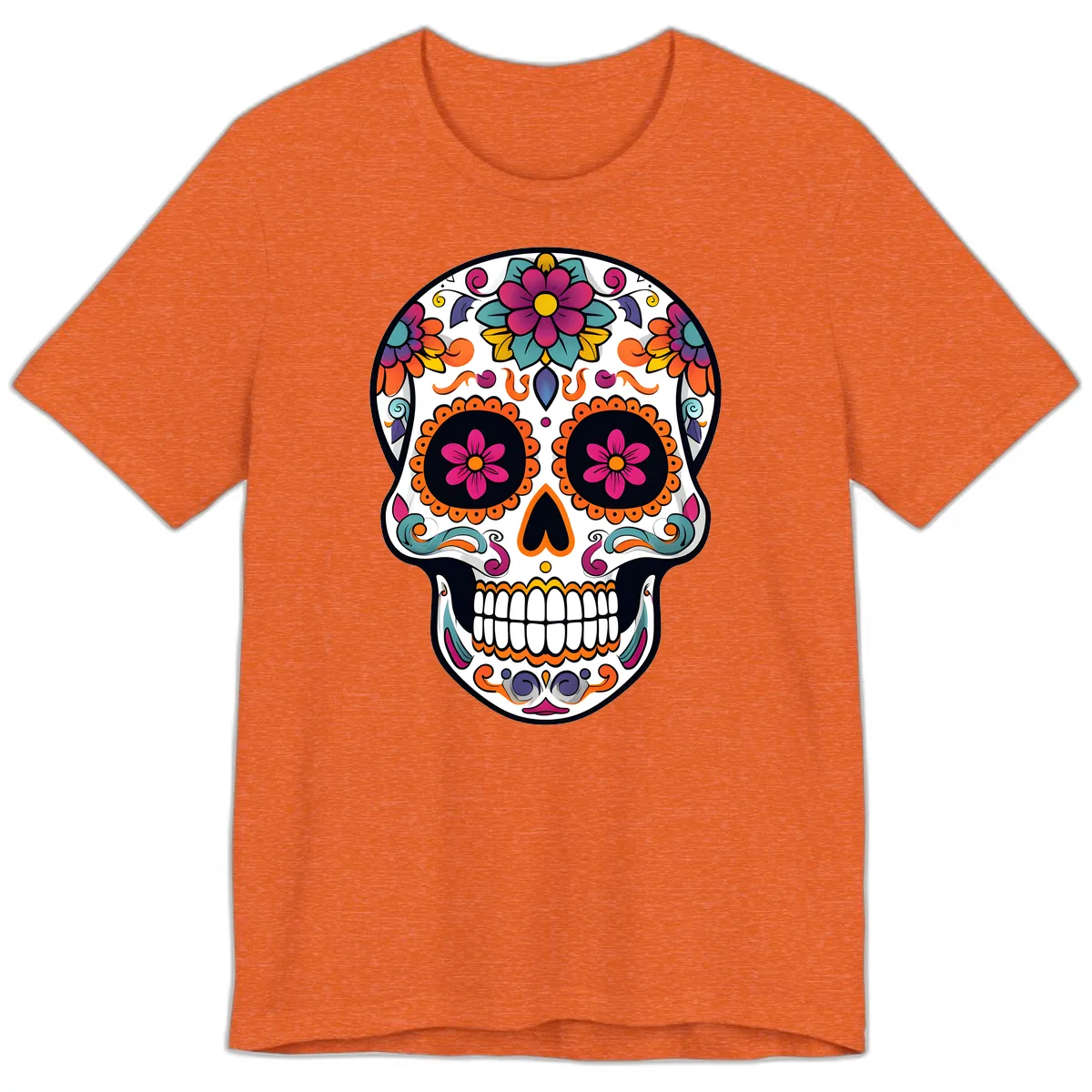 Vibrant Calavera Floral Sugar Skull Premium T-Shirt in Heather Orange