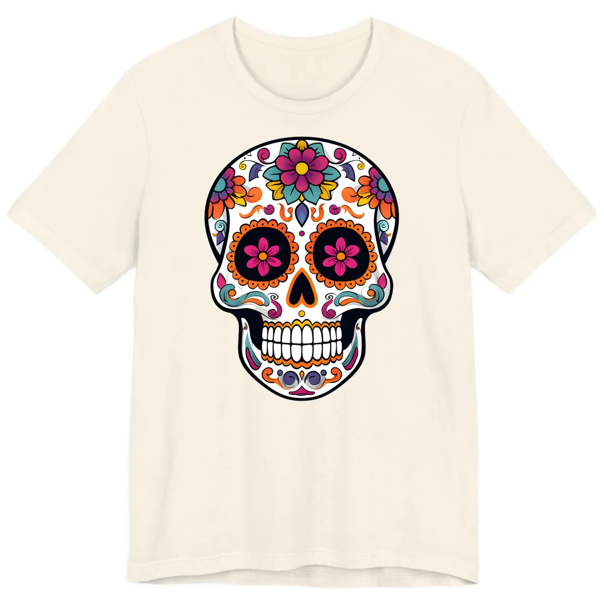 Vibrant Calavera Floral Sugar Skull Premium T-Shirt in Natural