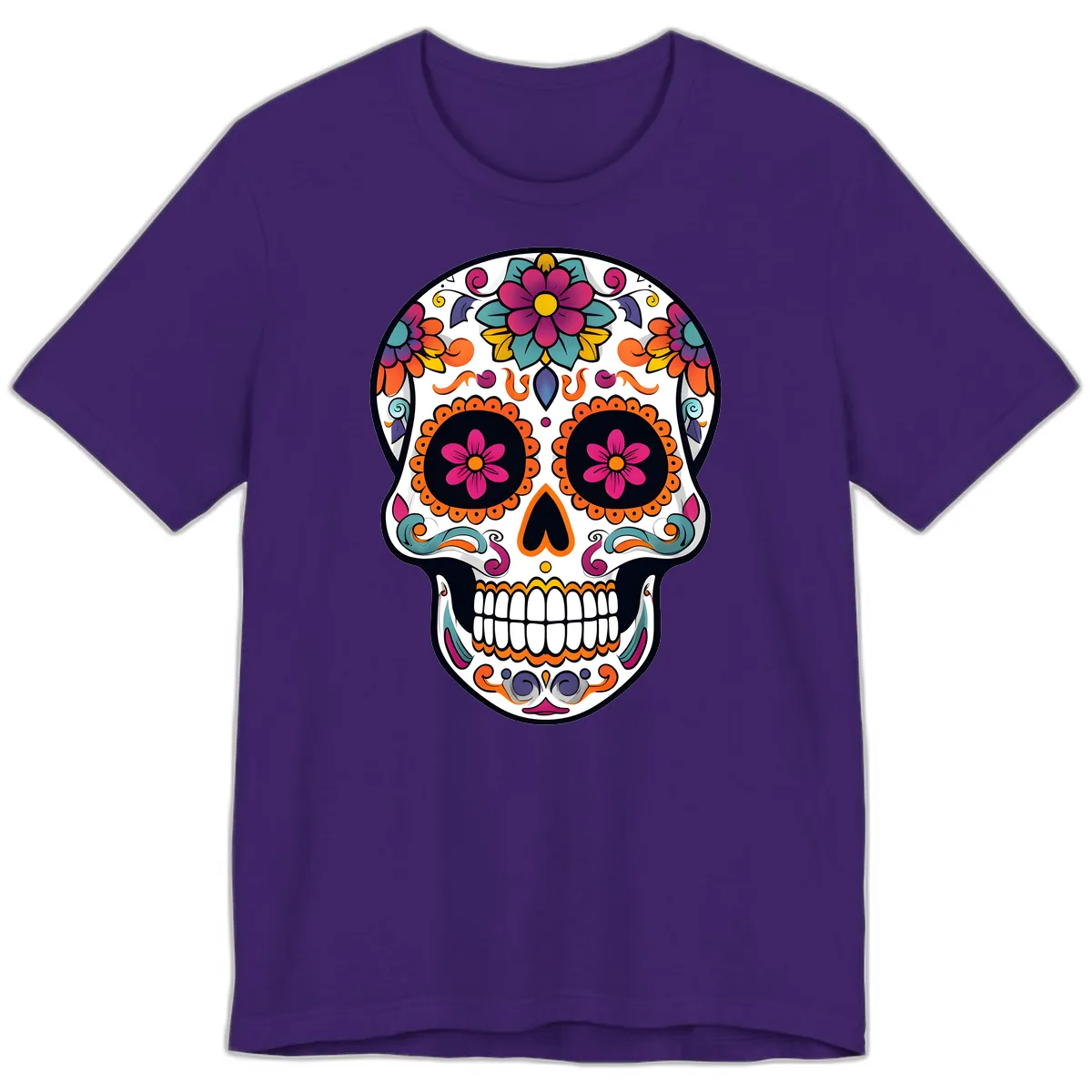 Vibrant Calavera Floral Sugar Skull Premium T-Shirt in Team Purple