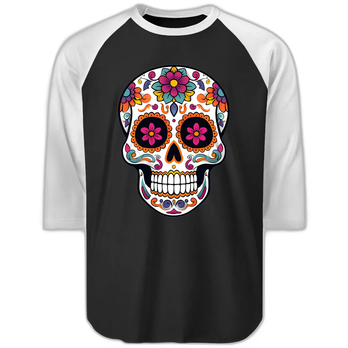 Vibrant Calavera Floral Sugar Skull Raglan 3/4 in Black White