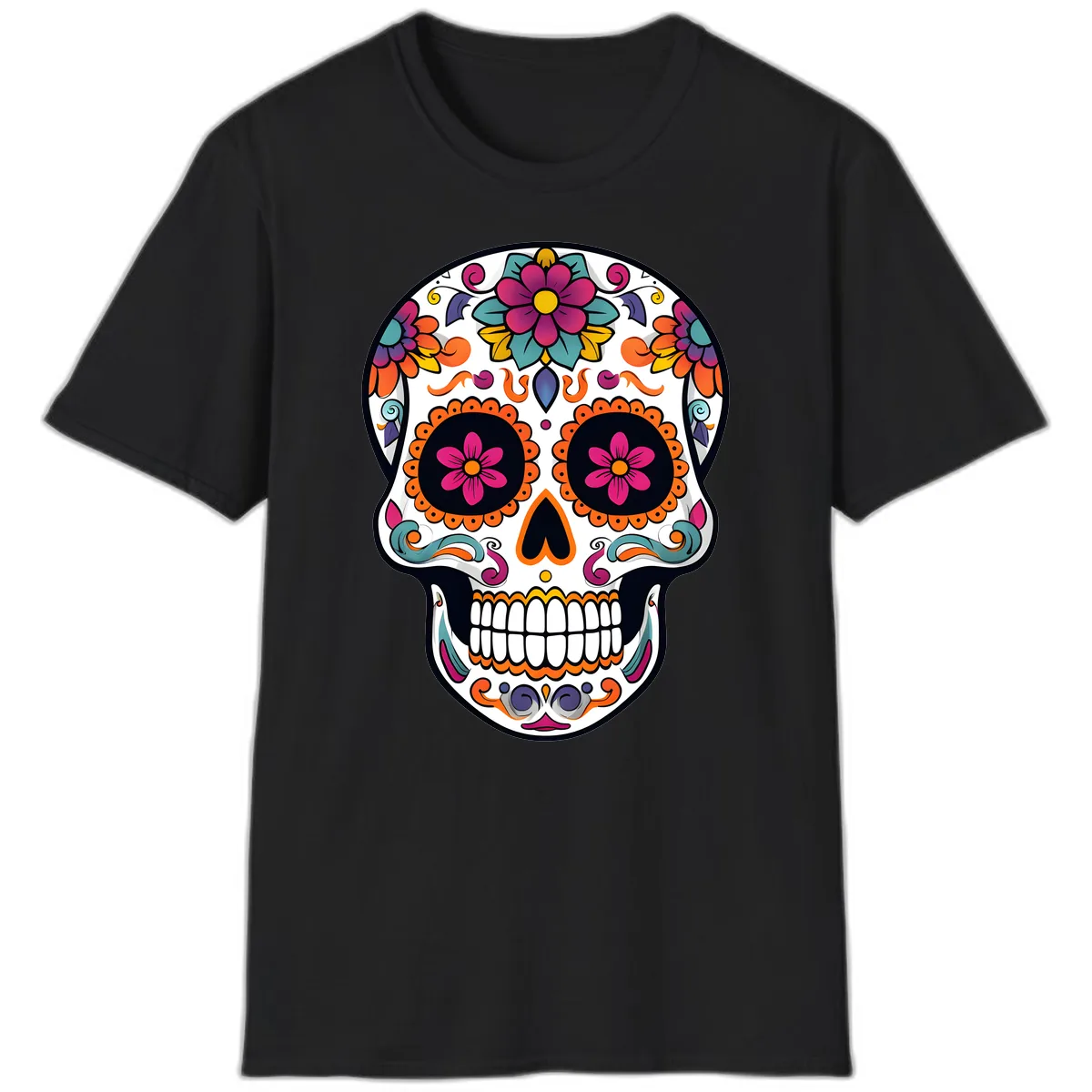 Vibrant Calavera Floral Sugar Skull T-Shirt in Black