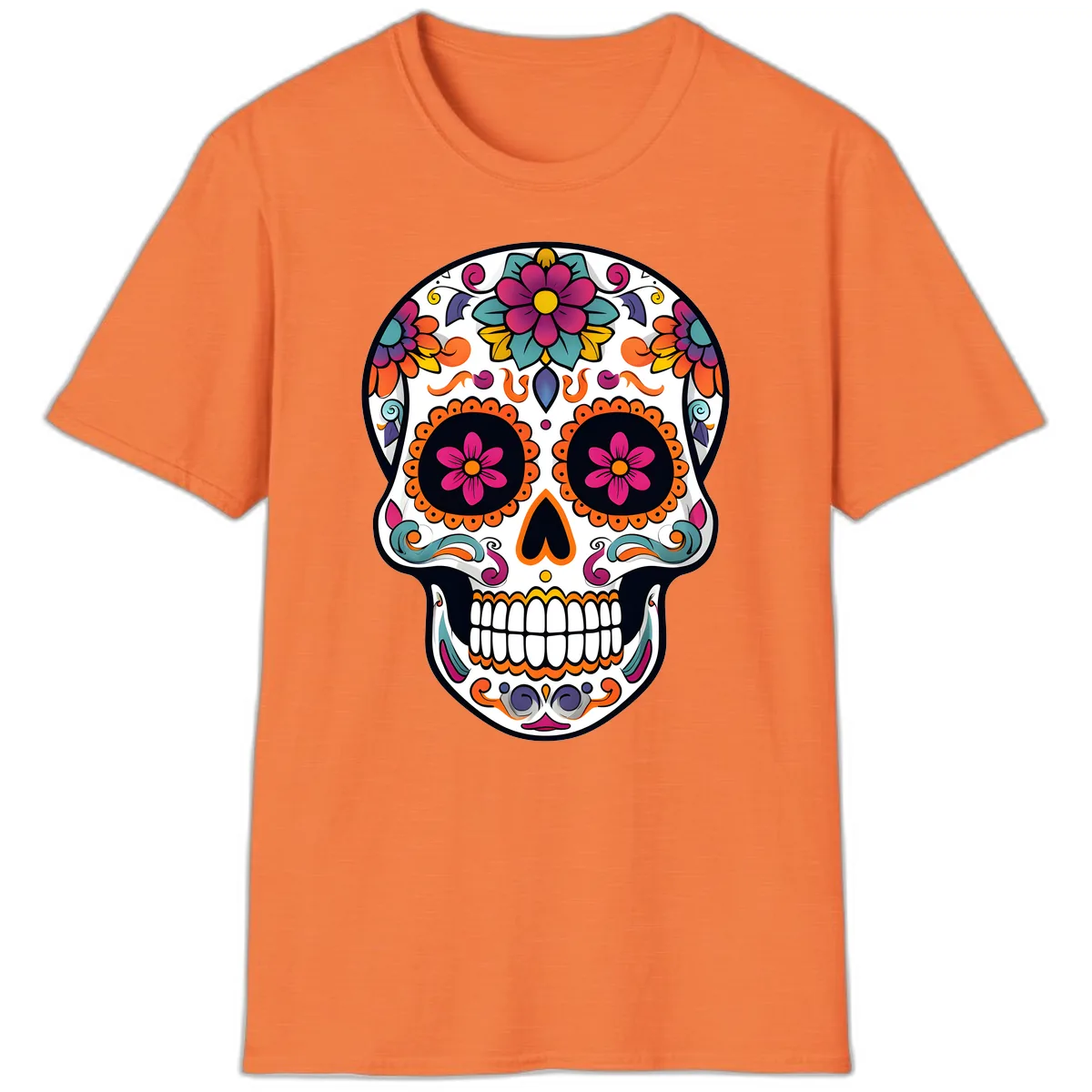 Vibrant Calavera Floral Sugar Skull T-Shirt in Heather Orange