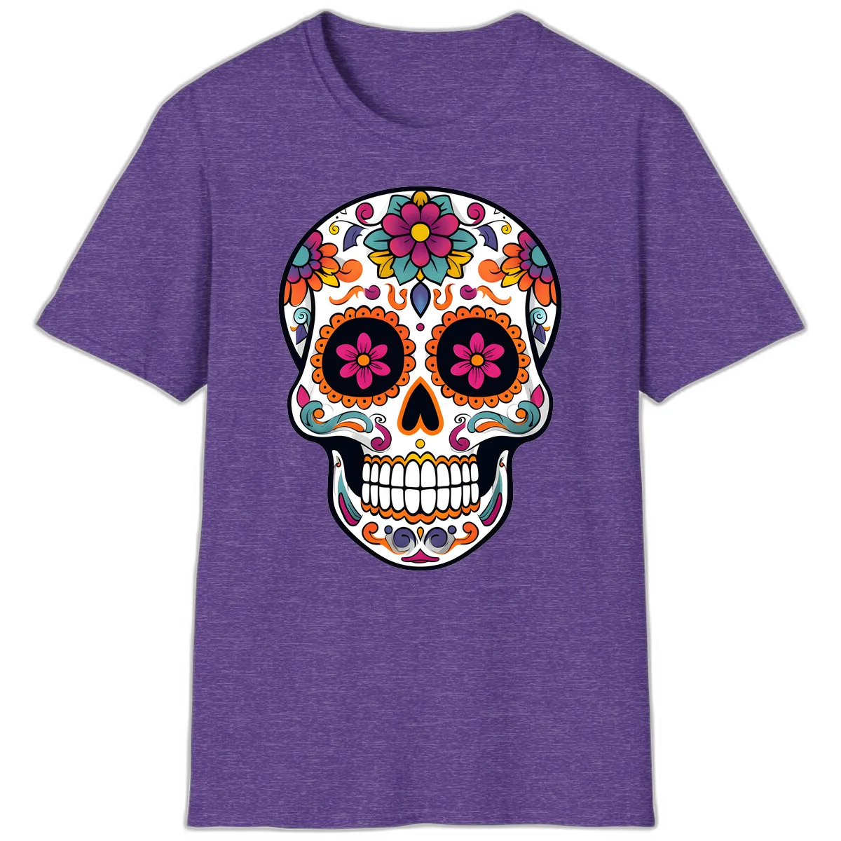 Vibrant Calavera Floral Sugar Skull T-Shirt in Heather Purple