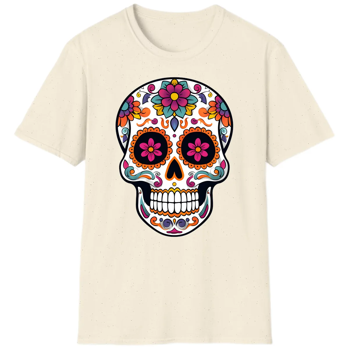 Vibrant Calavera Floral Sugar Skull T-Shirt in Natural
