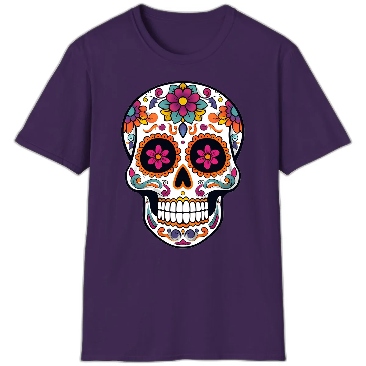 Vibrant Calavera Floral Sugar Skull T-Shirt in Purple