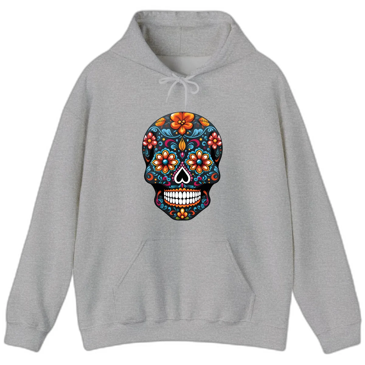 Vibrant Calavera Floral Sugar Skull Hoodie in Sport Grey