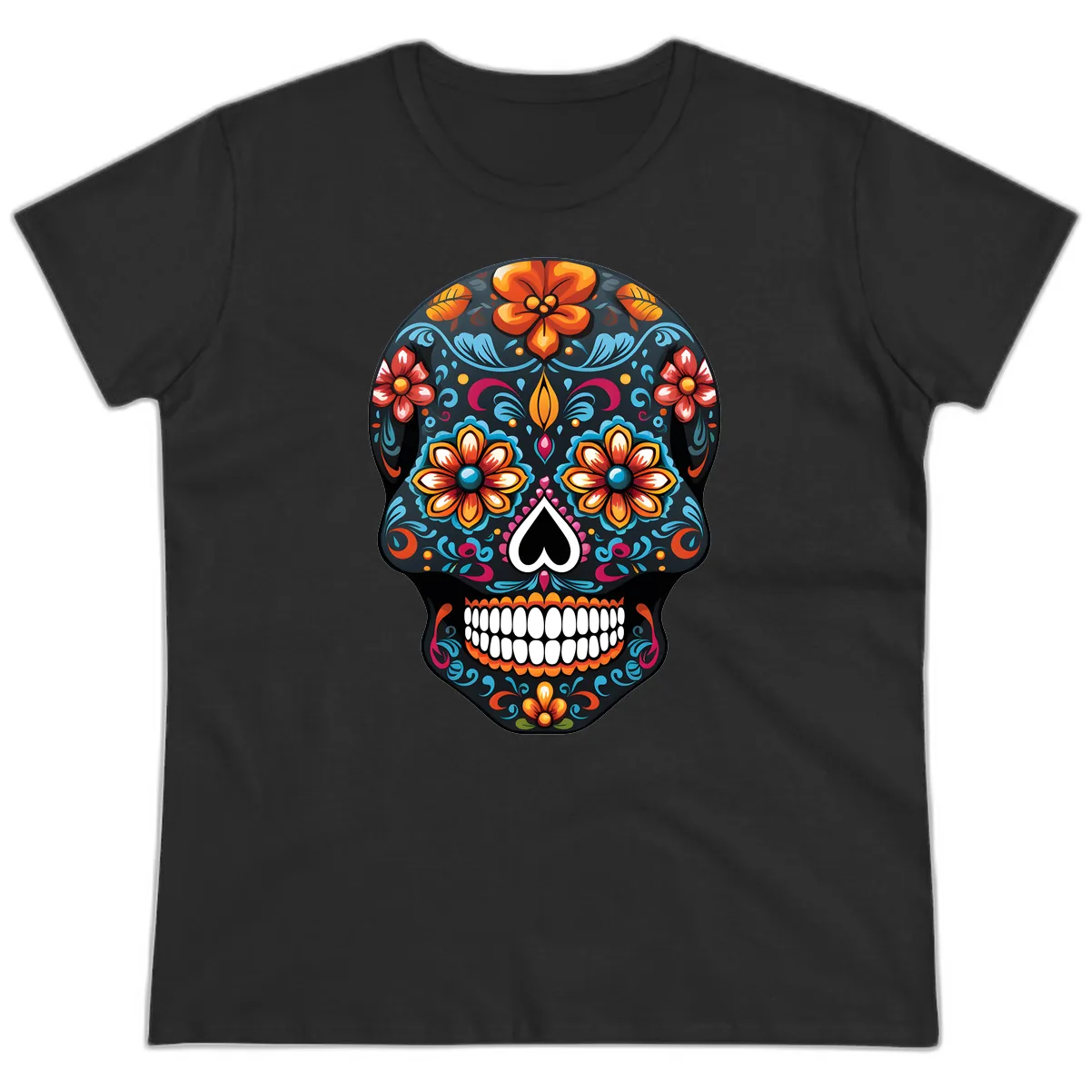 Vibrant Calavera Floral Sugar Skull Ladies Tee in Black