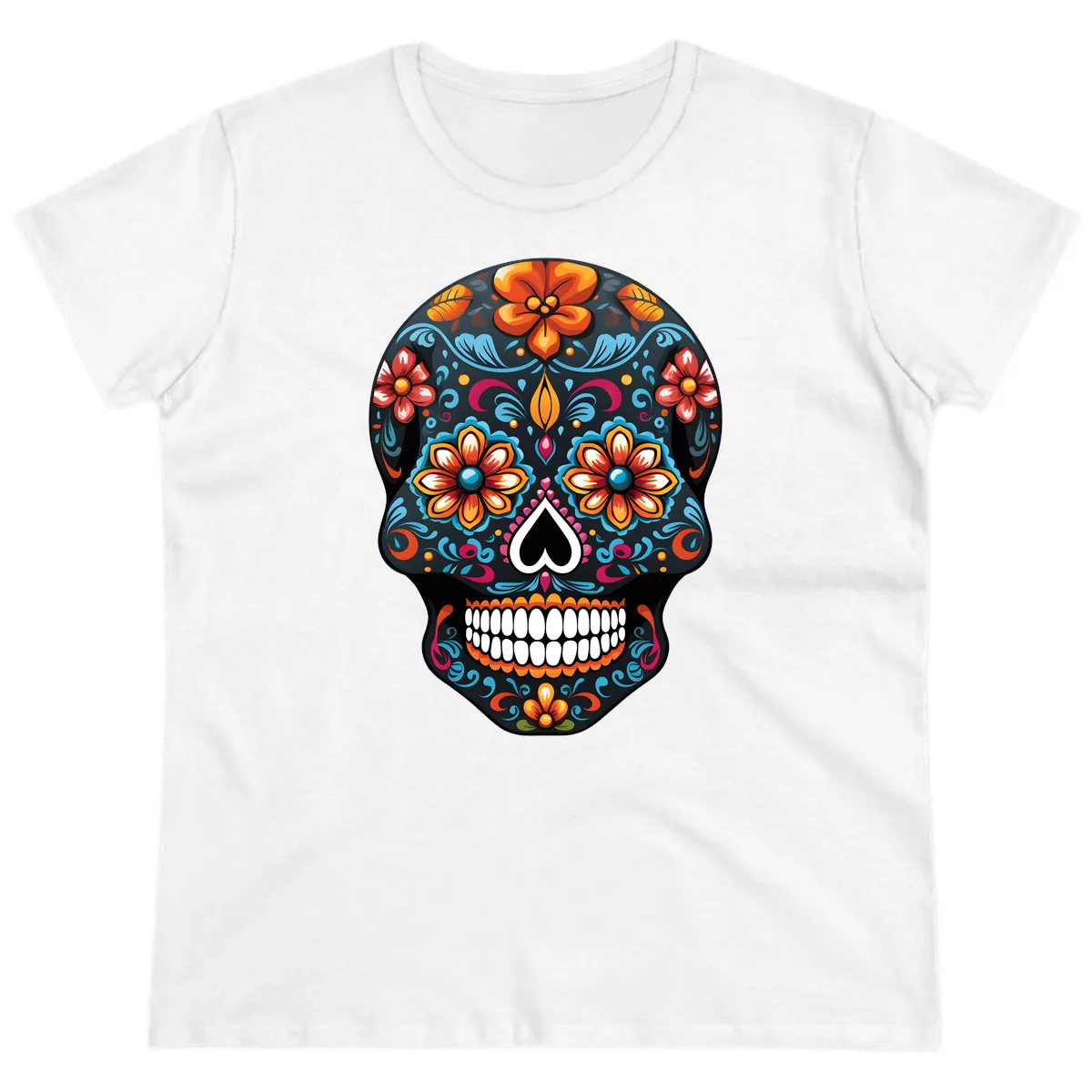 Vibrant Calavera Floral Sugar Skull Ladies Tee in White