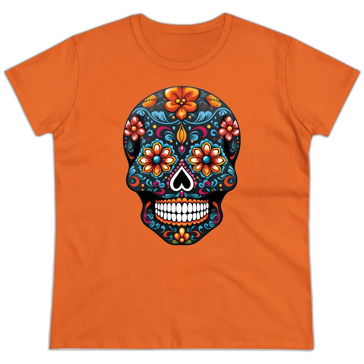 Vibrant Calavera Floral Sugar Skull Ladies Tee in Orange