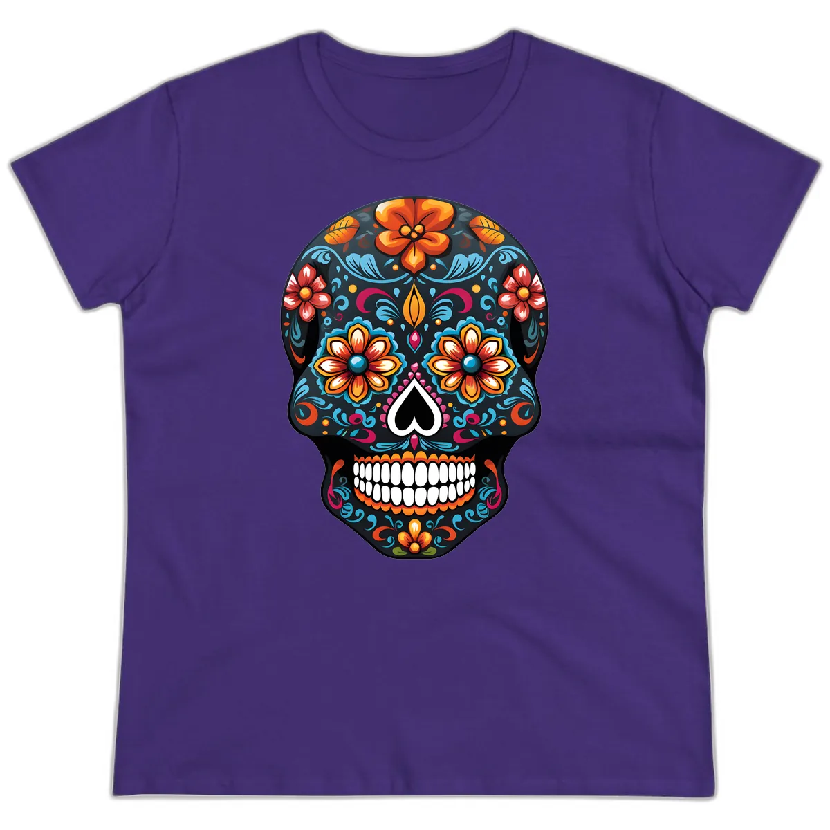 Vibrant Calavera Floral Sugar Skull Ladies Tee in Purple