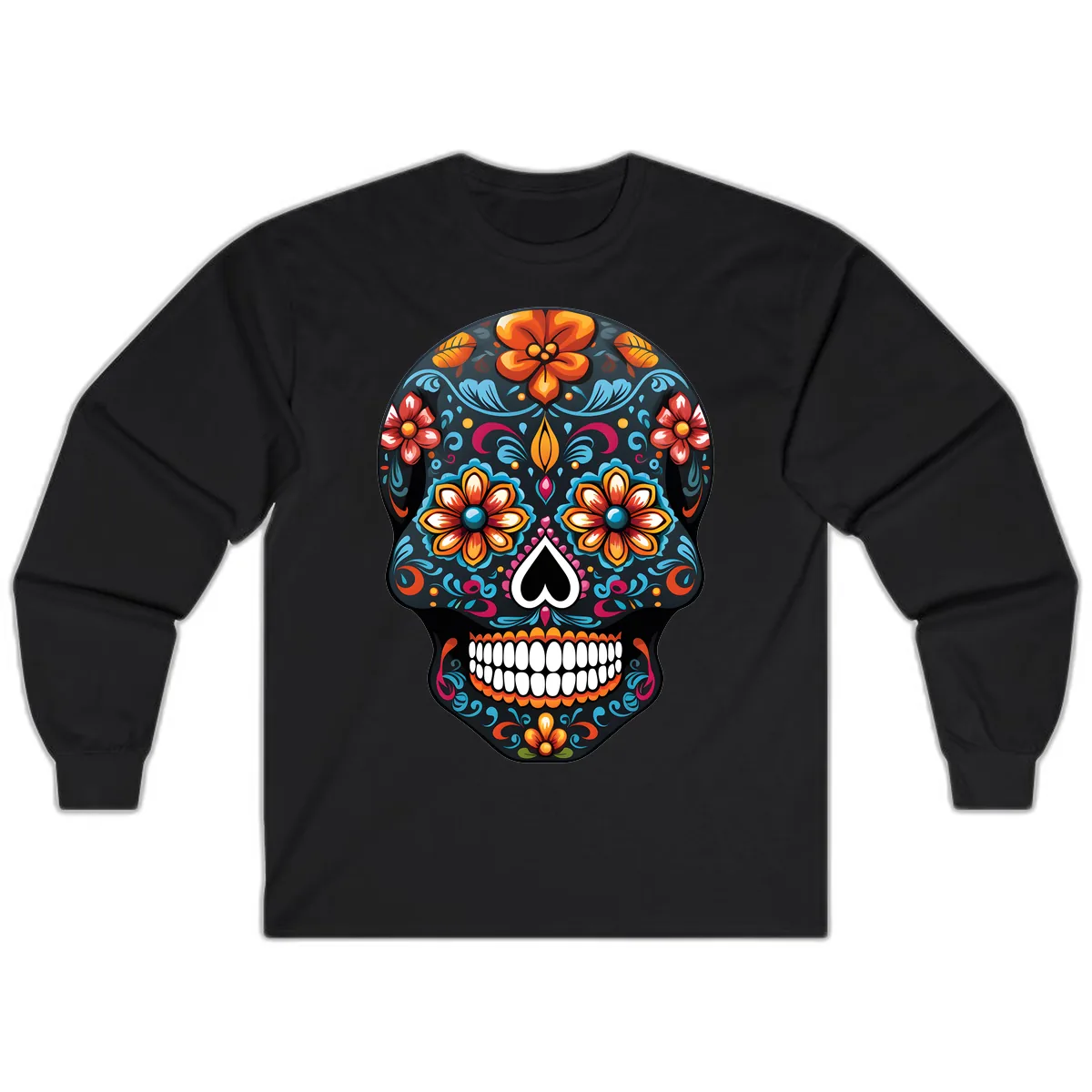 Vibrant Calavera Floral Sugar Skull Long Sleeve in Black