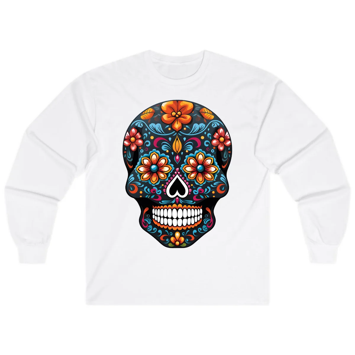 Vibrant Calavera Floral Sugar Skull Long Sleeve in White