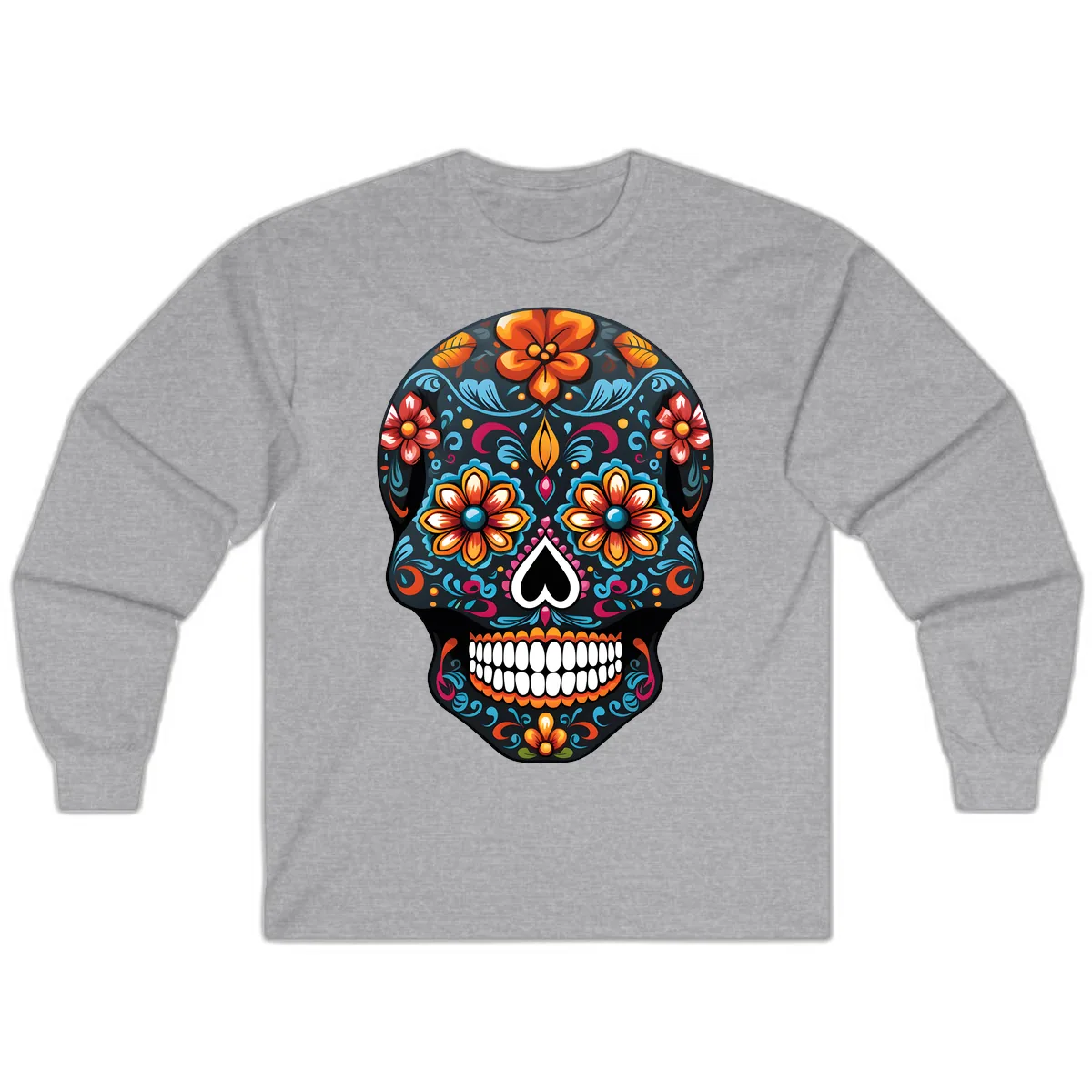 Vibrant Calavera Floral Sugar Skull Long Sleeve in Sport Grey