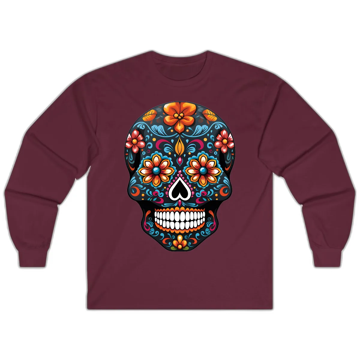 Vibrant Calavera Floral Sugar Skull Long Sleeve in Maroon