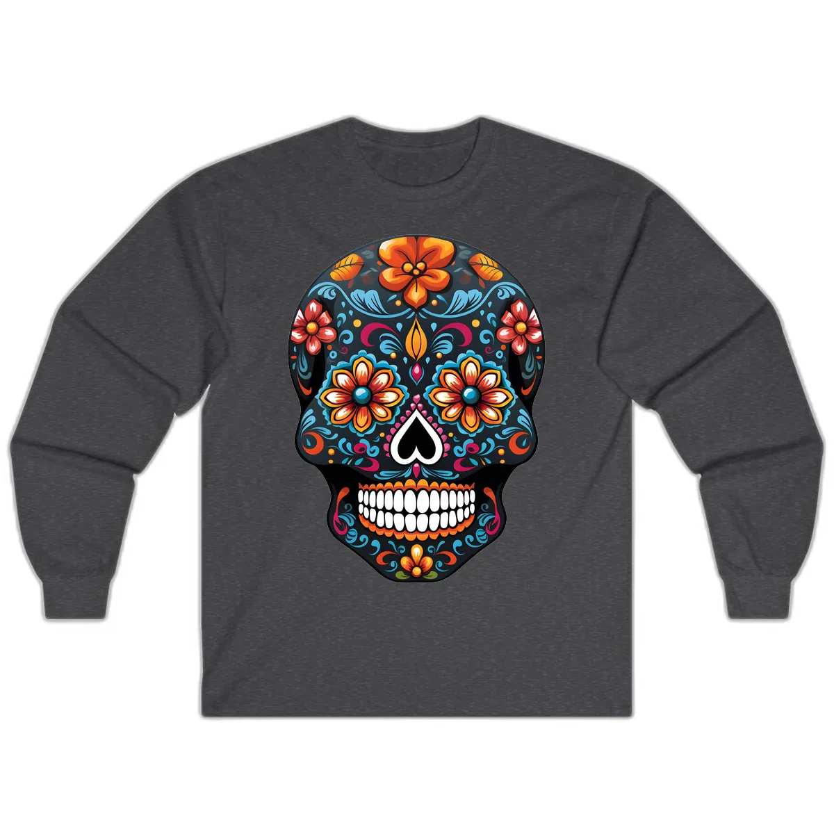 Vibrant Calavera Floral Sugar Skull Long Sleeve in Dark Heather