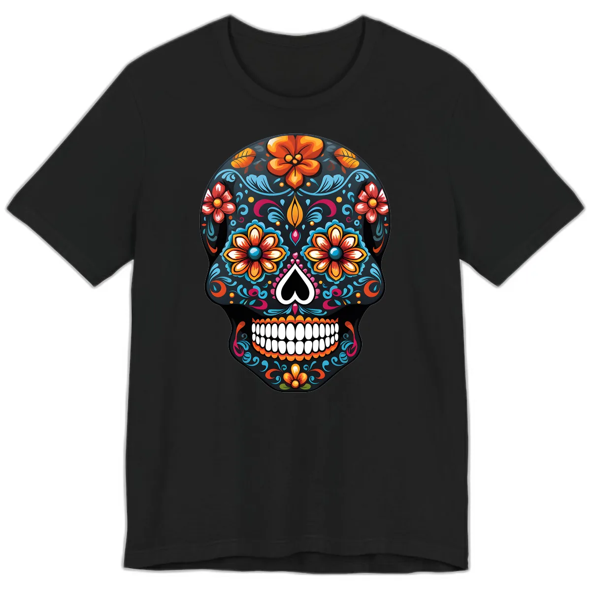 Vibrant Calavera Floral Sugar Skull Premium T-Shirt in Black