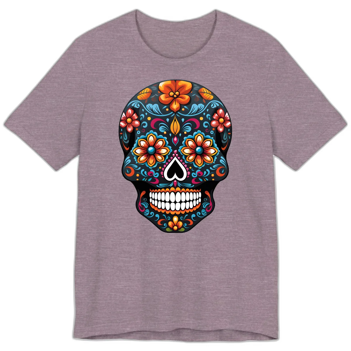 Vibrant Calavera Floral Sugar Skull Premium T-Shirt in Heather Purple