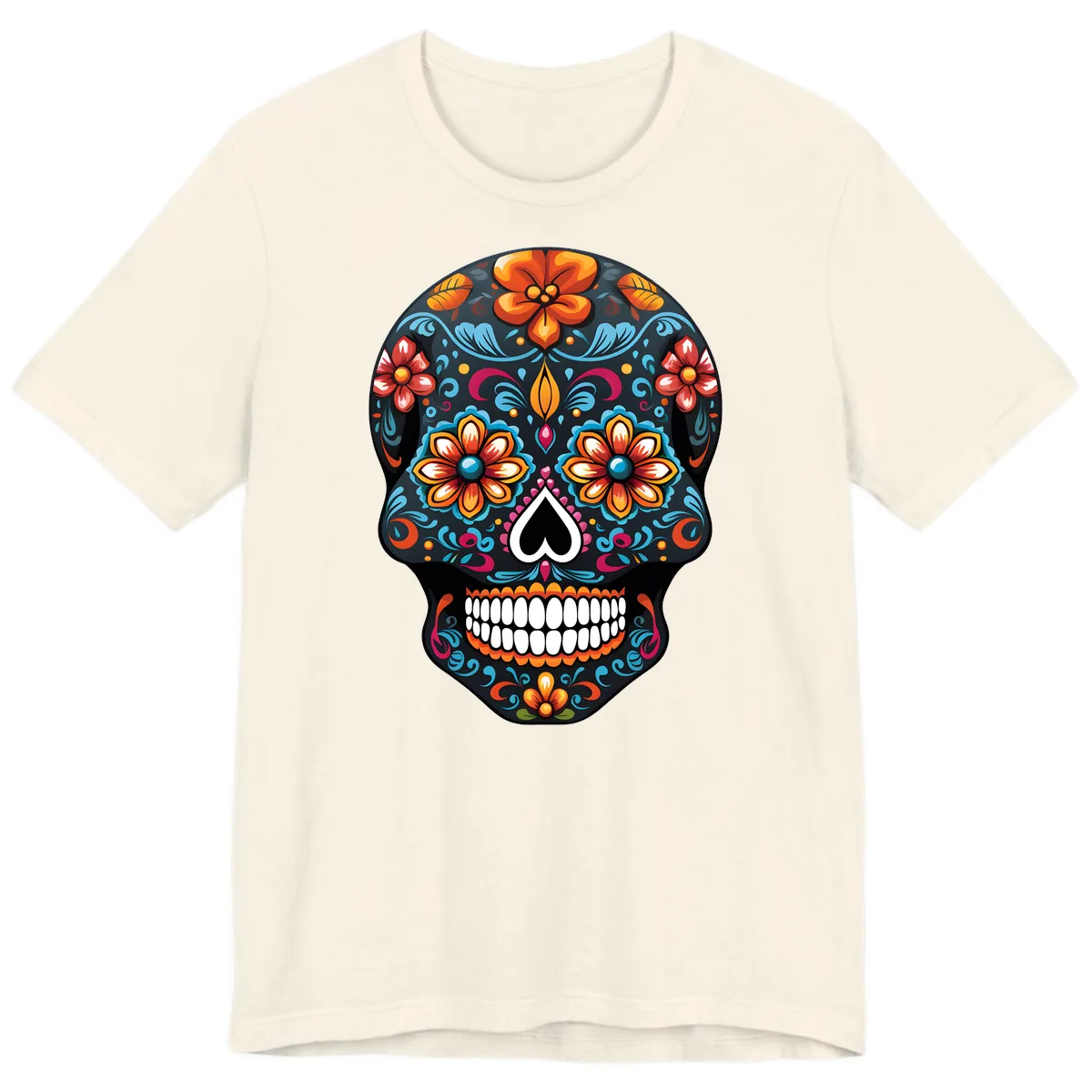 Vibrant Calavera Floral Sugar Skull Premium T-Shirt in Natural