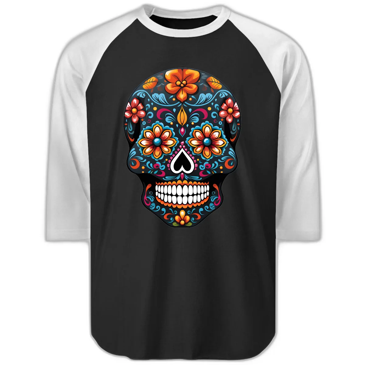 Vibrant Calavera Floral Sugar Skull Raglan 3/4 in Black White