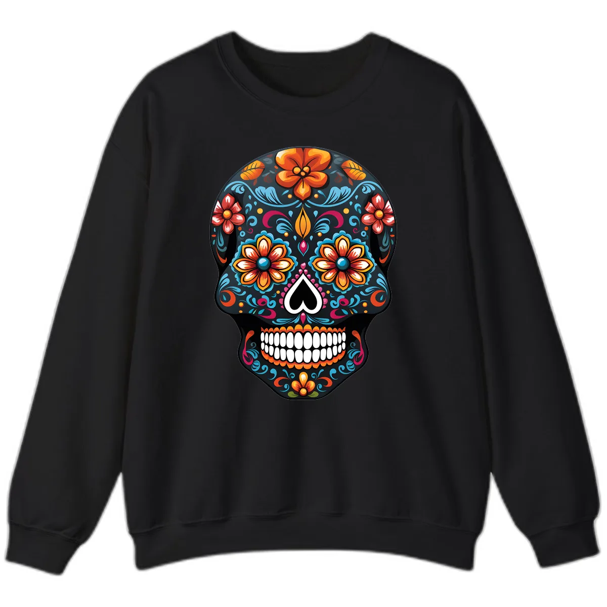 Vibrant Calavera Floral Sugar Skull Sweatshirt in Black