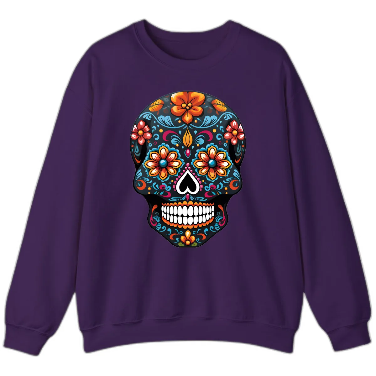 Vibrant Calavera Floral Sugar Skull Sweatshirt in Purple