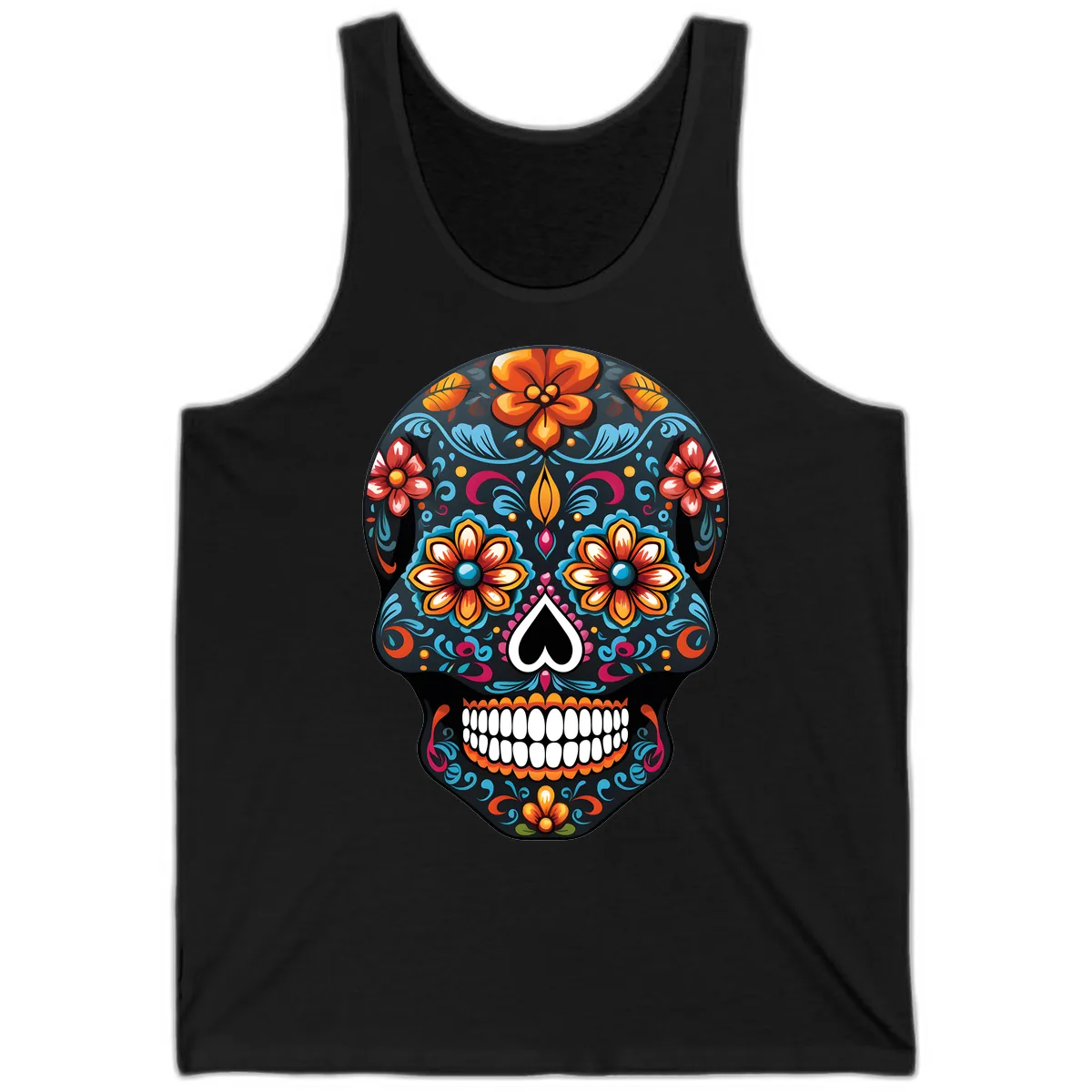 Vibrant Calavera Floral Sugar Skull Tank in Black