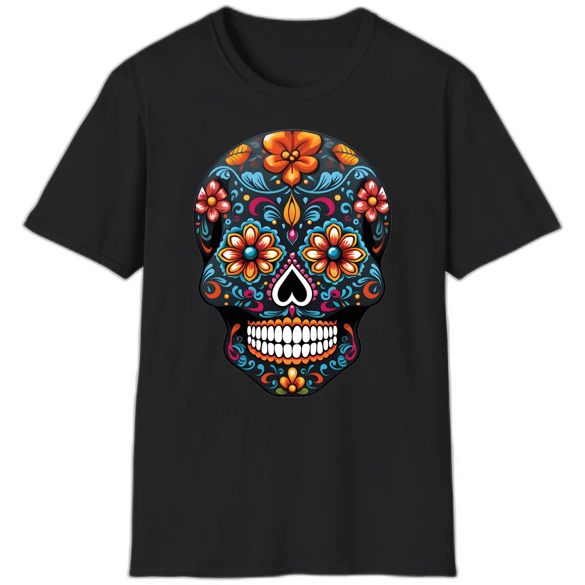 Vibrant Calavera Floral Sugar Skull T-Shirt in Black
