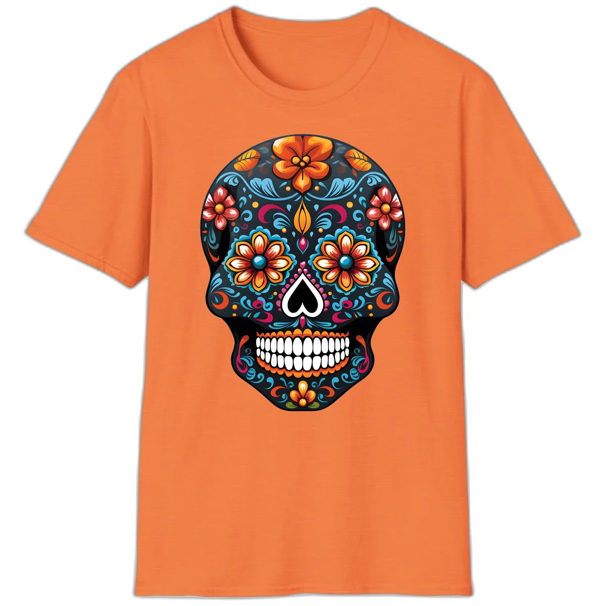 Vibrant Calavera Floral Sugar Skull T-Shirt in Heather Orange