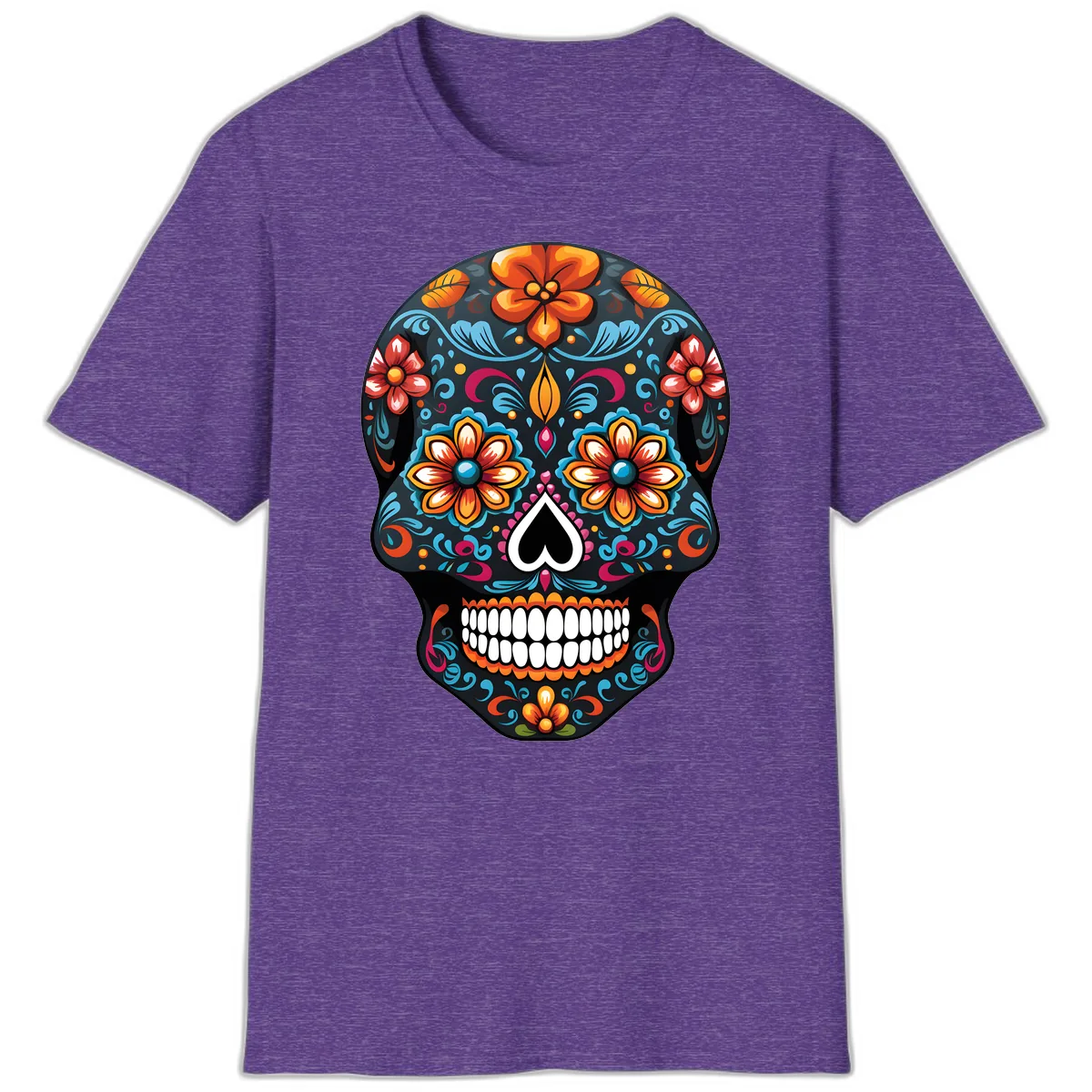 Vibrant Calavera Floral Sugar Skull T-Shirt in Heather Purple