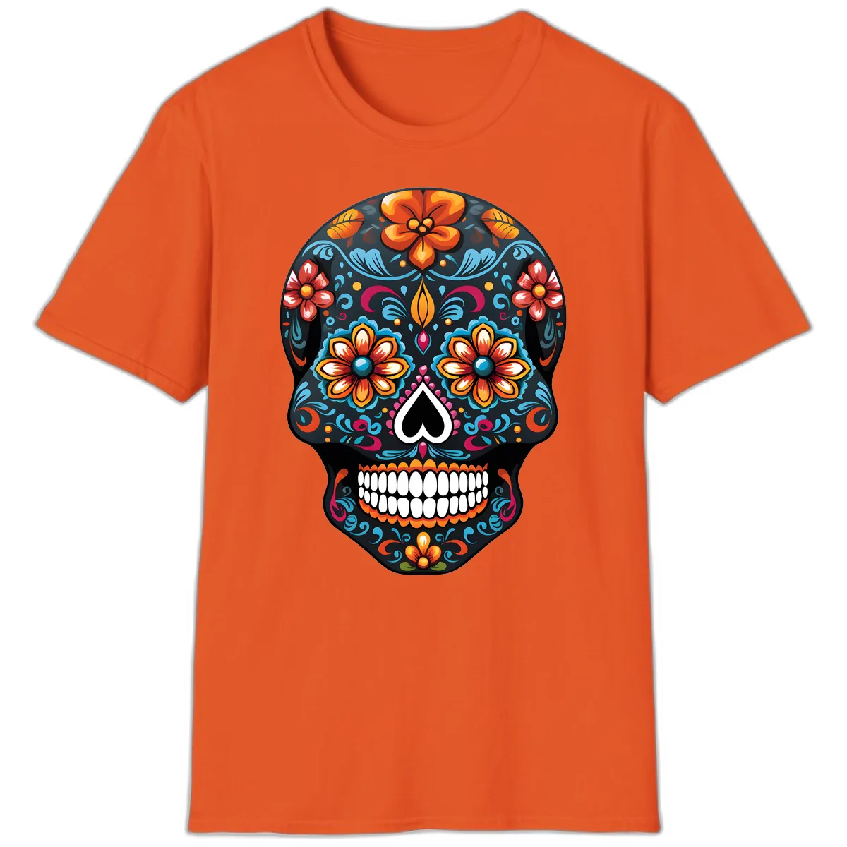 Vibrant Calavera Floral Sugar Skull T-Shirt in Orange