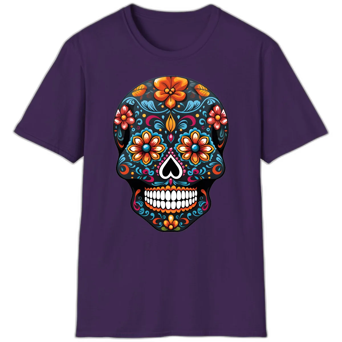 Vibrant Calavera Floral Sugar Skull T-Shirt in Purple