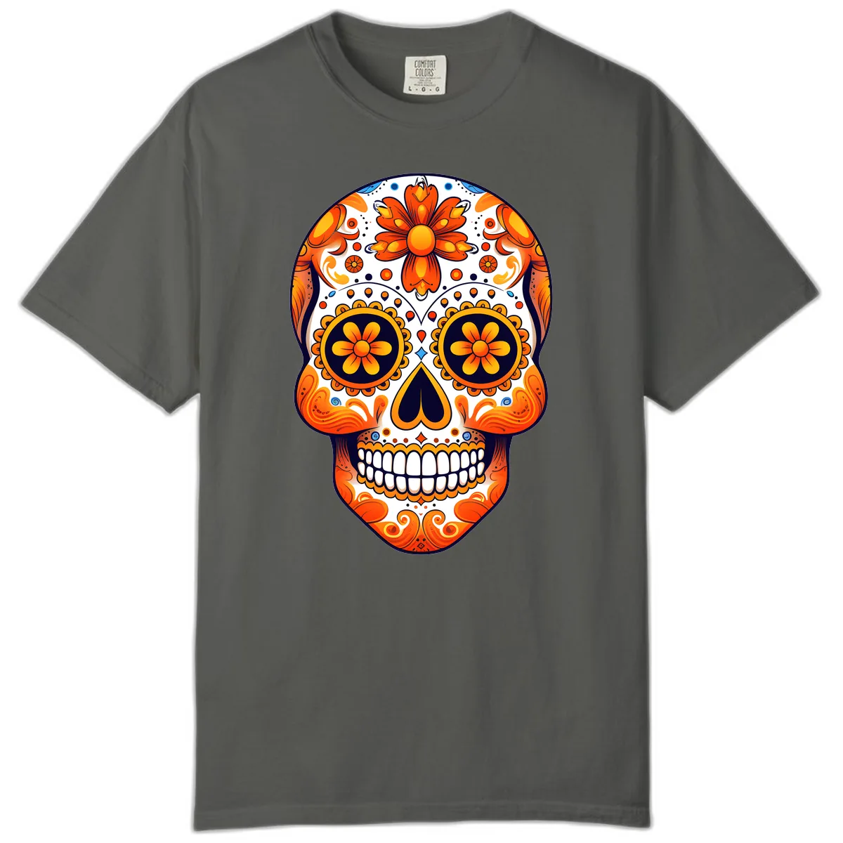 Vibrant Marigold Calavera Sugar Skull Comfort Color in Pepper