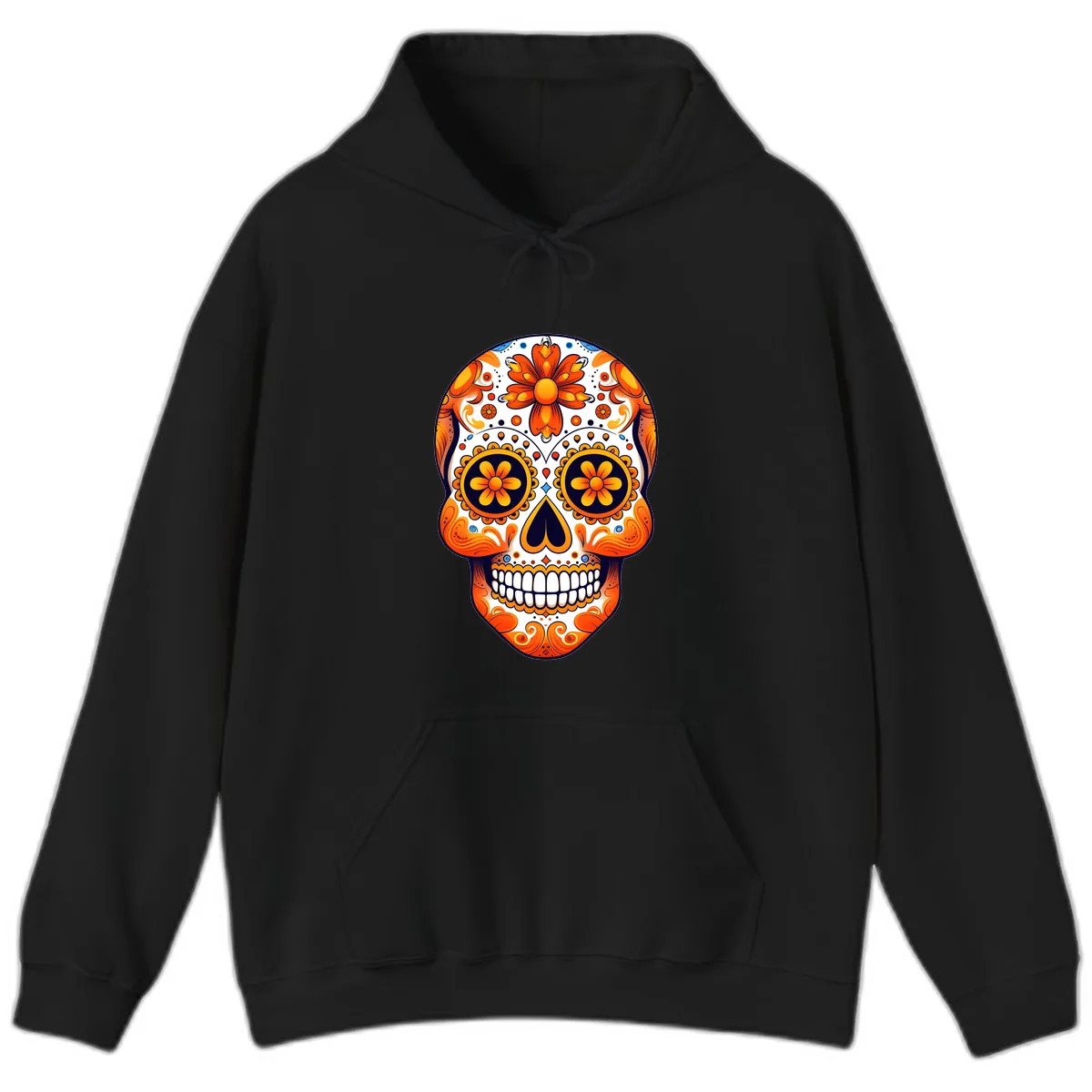 Vibrant Marigold Calavera Sugar Skull Hoodie in Black