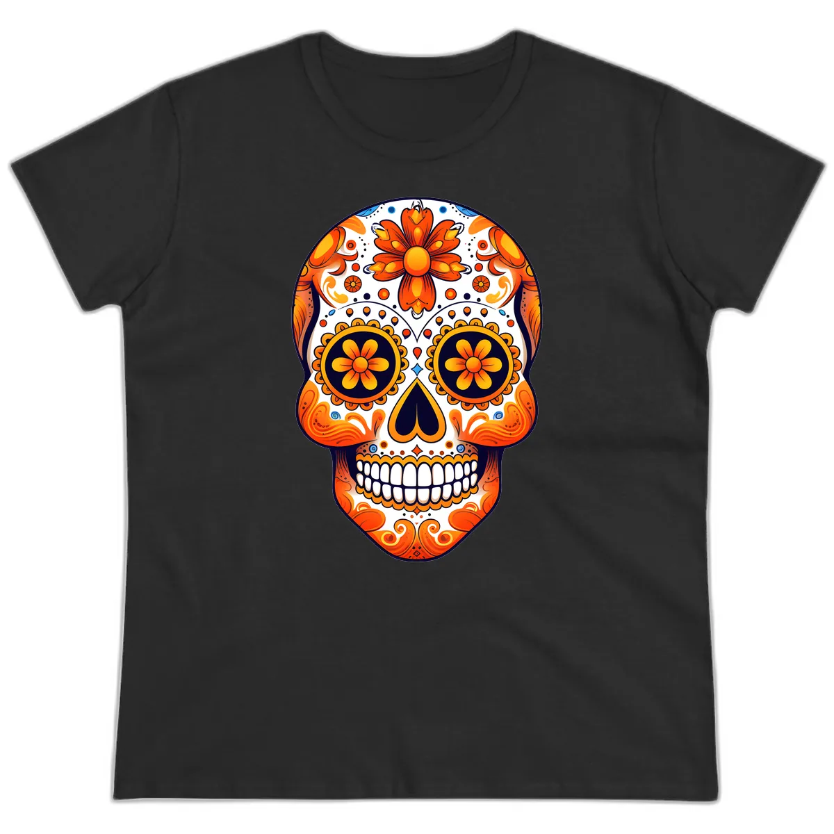 Vibrant Marigold Calavera Sugar Skull Ladies Tee in Black