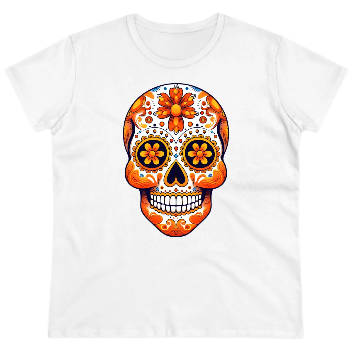 Vibrant Marigold Calavera Sugar Skull Ladies Tee in White