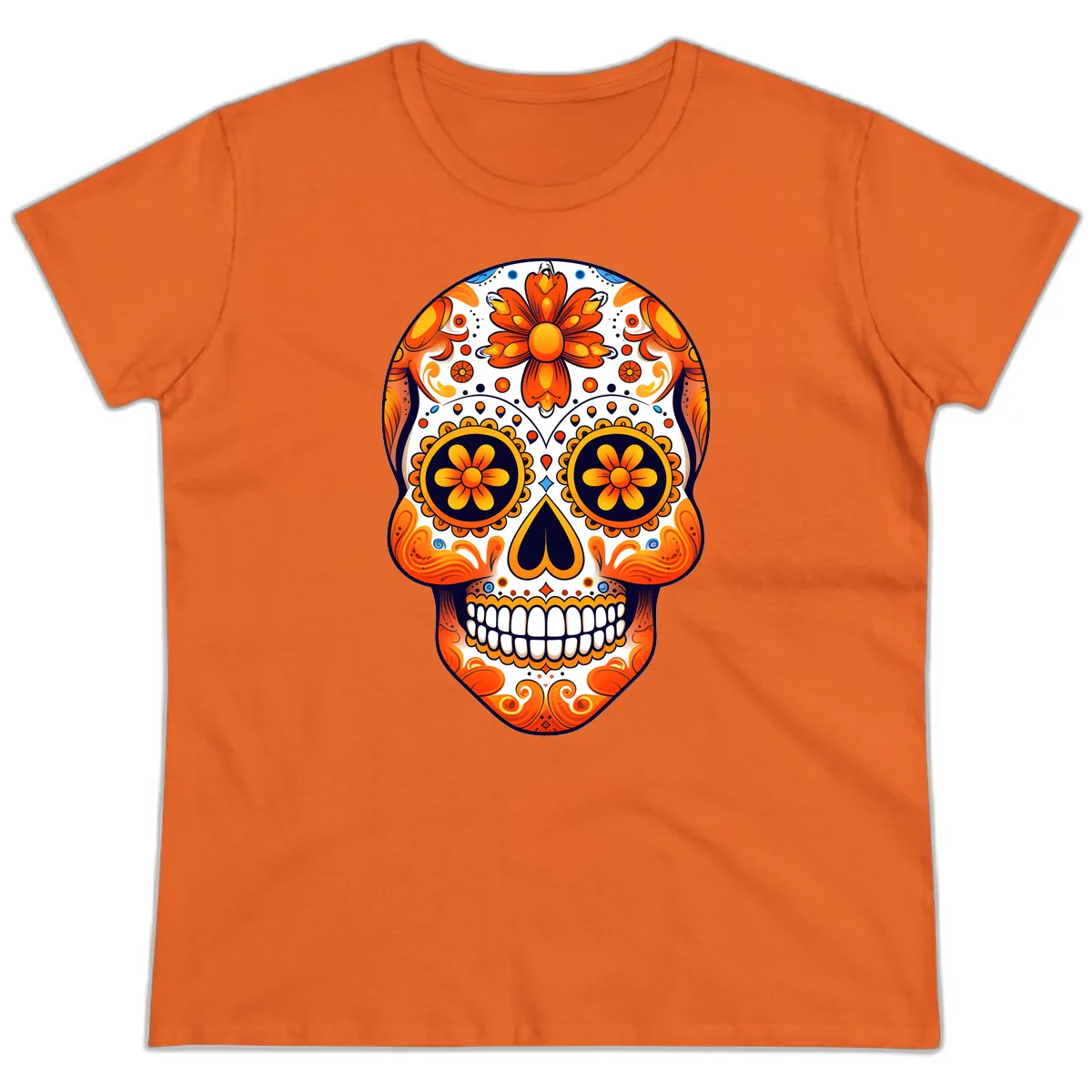 Vibrant Marigold Calavera Sugar Skull Ladies Tee in Orange