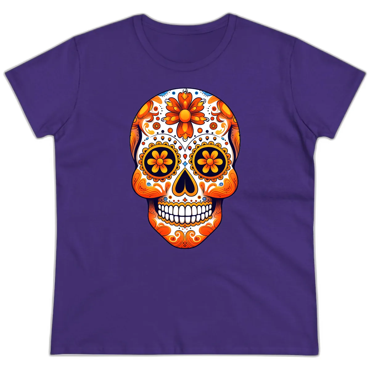 Vibrant Marigold Calavera Sugar Skull Ladies Tee in Purple