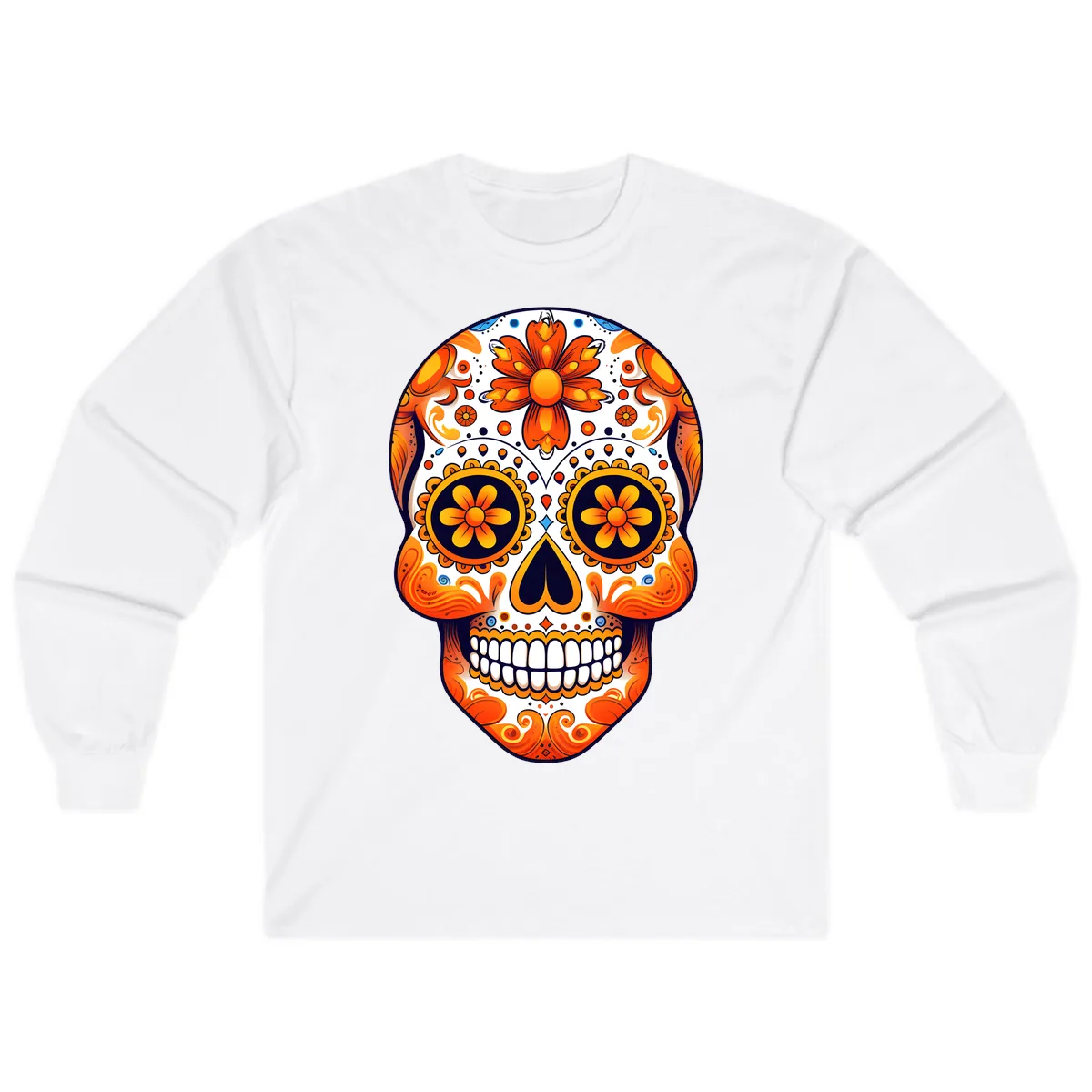 Vibrant Marigold Calavera Sugar Skull Long Sleeve in White