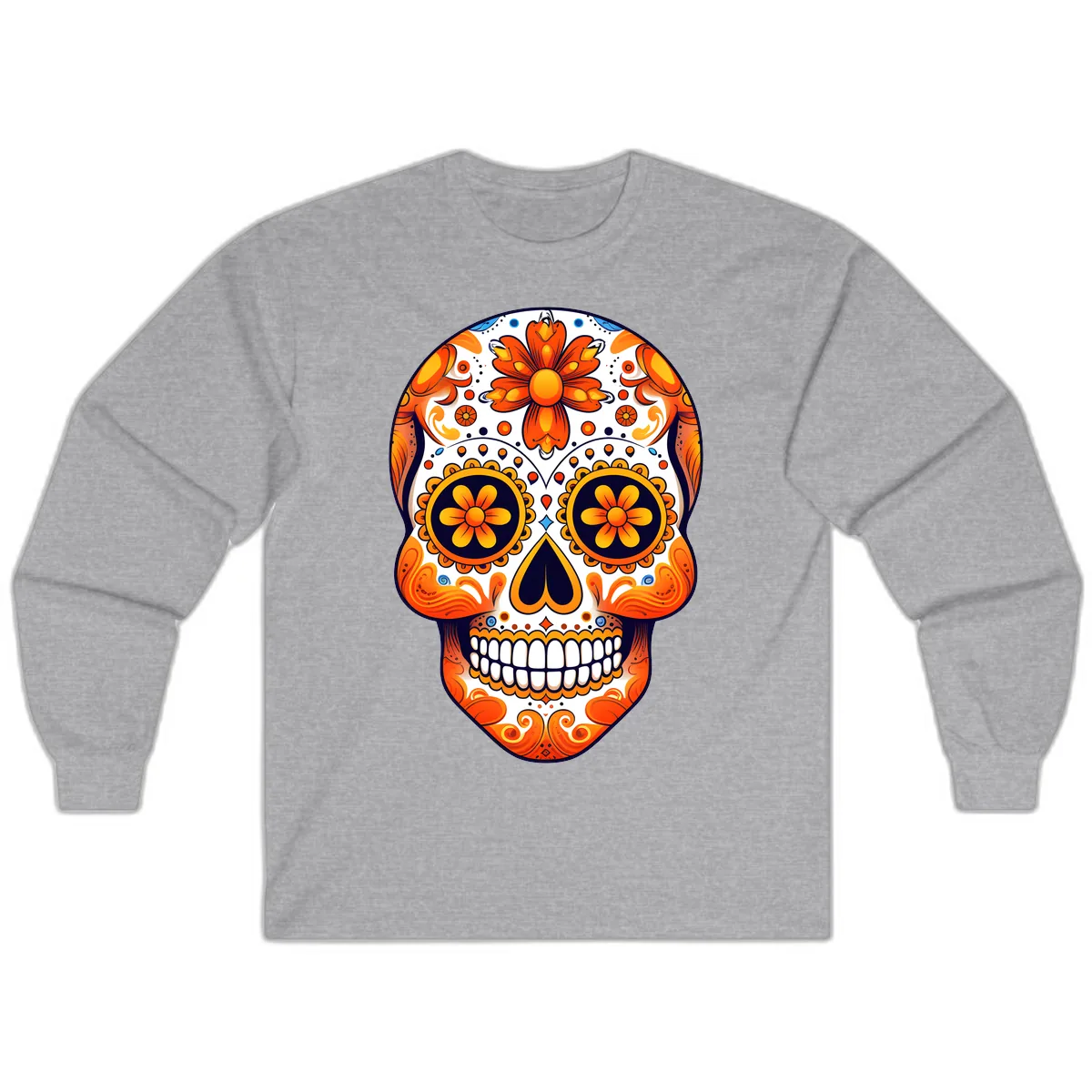 Vibrant Marigold Calavera Sugar Skull Long Sleeve in Sport Grey