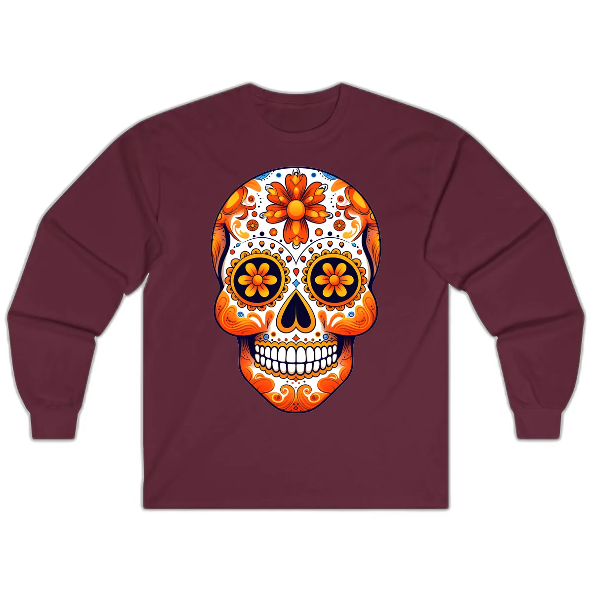 Vibrant Marigold Calavera Sugar Skull Long Sleeve in Maroon