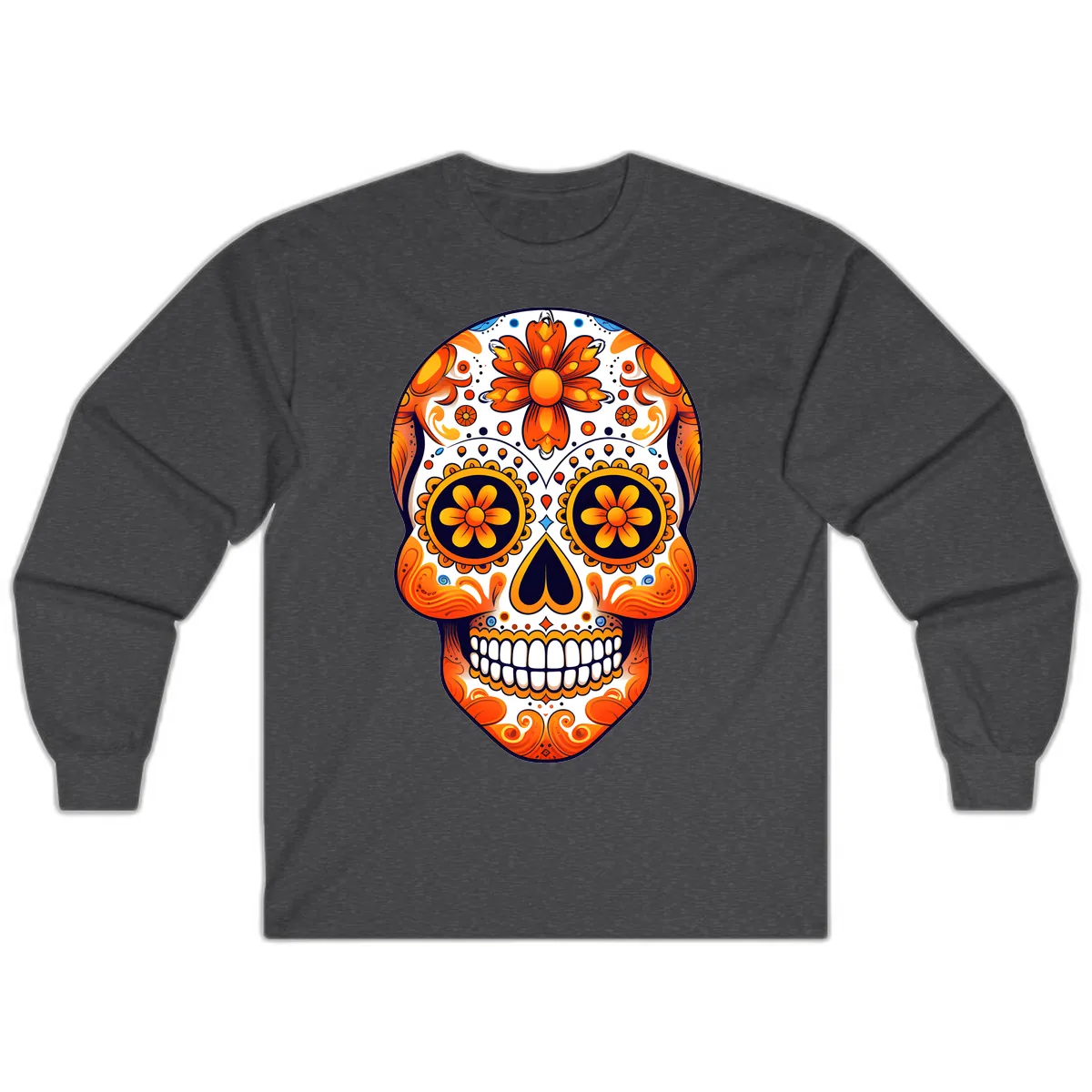Vibrant Marigold Calavera Sugar Skull Long Sleeve in Dark Heather