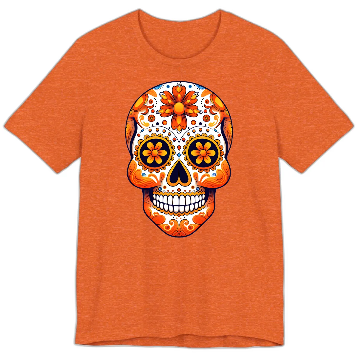 Vibrant Marigold Calavera Sugar Skull Premium T-Shirt in Heather Orange