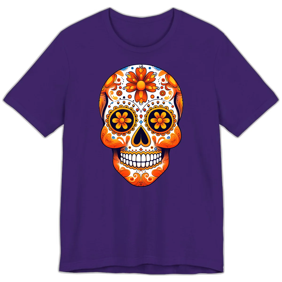 Vibrant Marigold Calavera Sugar Skull Premium T-Shirt in Team Purple