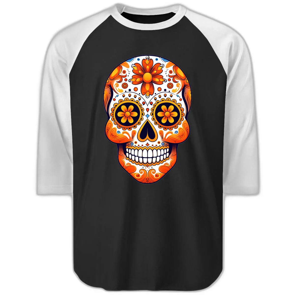 Vibrant Marigold Calavera Sugar Skull Raglan 3/4 in Black White